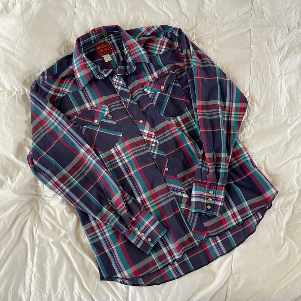 Rustler Western Plaid Pearl Snap Long Sleeve Button Down XL Long Tails
